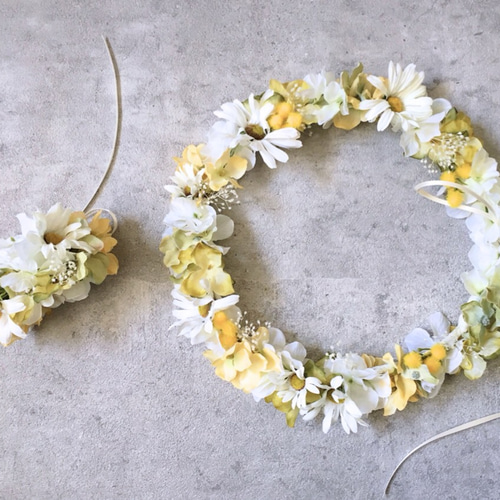 ミモザとデイジーの花冠&リストブーケ2点セット ヘッドドレス 