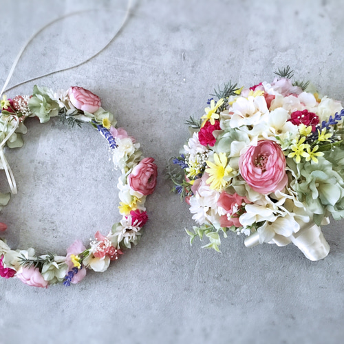 春の花畑のような花冠&ブーケ（約20cm）2点セット ヘッドドレス
