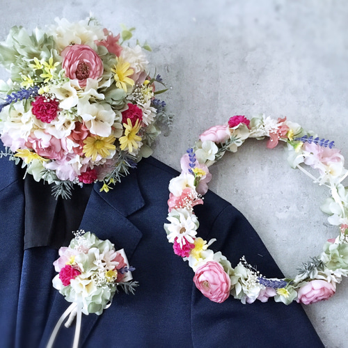 可憐リースブーケ、ブートニア、花かんむりセット