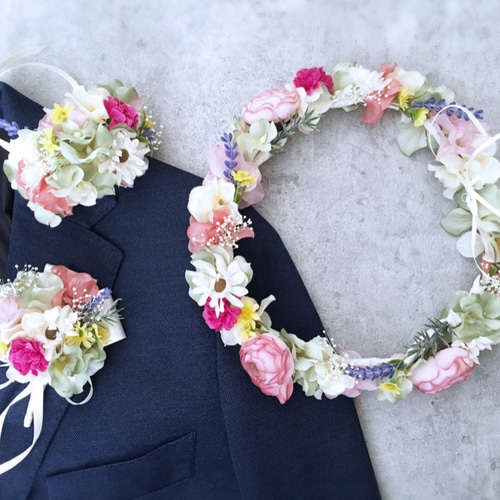 ブートニアクリップ】春の花畑のような花冠＆リストブーケ＆ブートニア