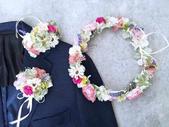 ブートニアクリップ】春の花畑のような花冠＆リストブーケ＆ブートニア