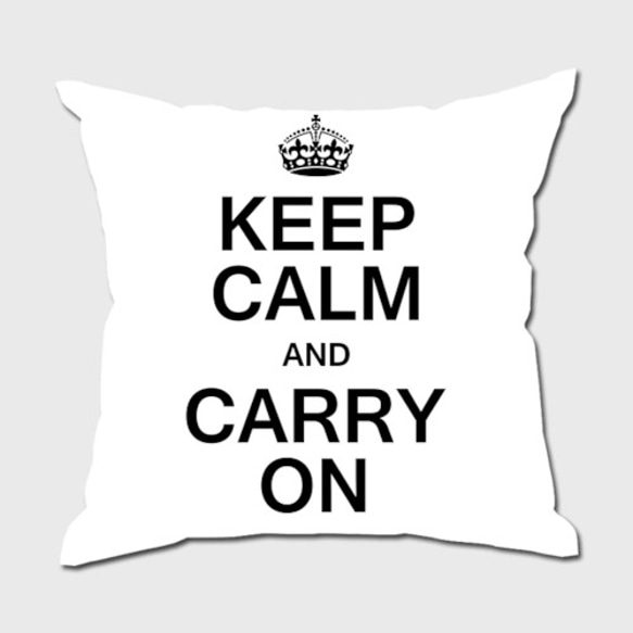 【新品】デザインクッション【KEEP CALM AND CARRY ON(45x45cm)本体+カバー】WH/ホワイト 1枚目の画像