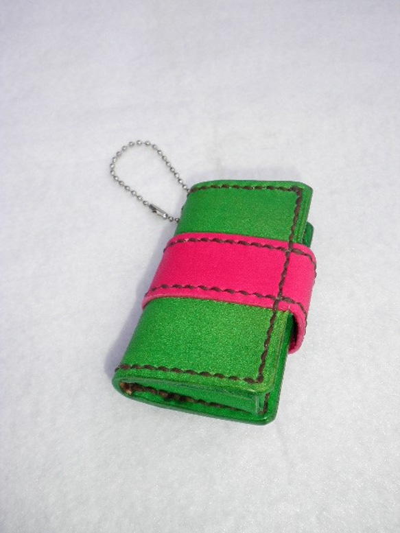 スマートキーケース・タイプD（クリスマス・カラー）：本革：手縫い：手染め 2枚目の画像