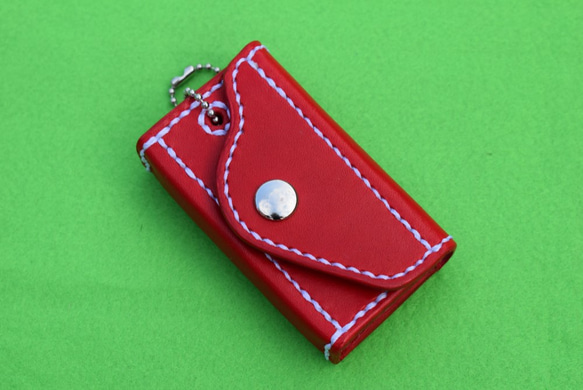 単色本革スマートキーケース（赤）：手縫い：手染め 8枚目の画像