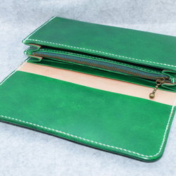 本革：緑の長財布：手縫い：手染め 3枚目の画像