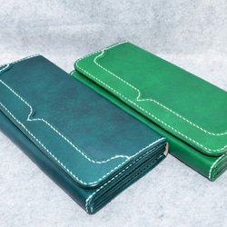 本革：緑の長財布：手縫い：手染め 9枚目の画像