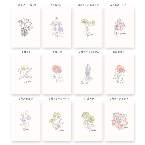 【名入れ/文字入れ無料】誕生花を組み合わせて作る 横型アートポスター 5枚目の画像