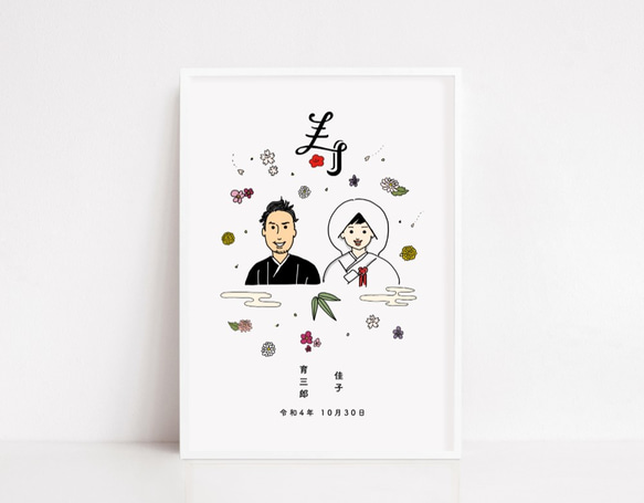 和風 似顔絵ウェルカムボード │結婚祝い 神前式 寿 ウェルカムボード