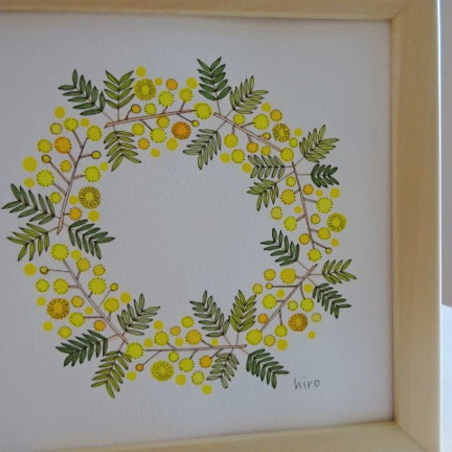 Happy＊ミモザのリース＊手描きイラスト 15cm×15cmサイズ イラスト