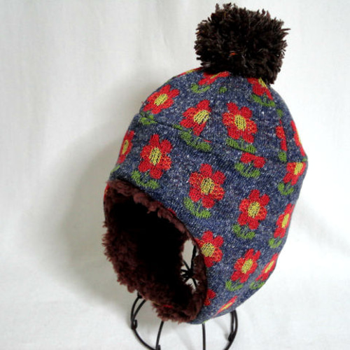 レトロ花柄ジャガードニット耳あて帽子50 ネイビー セール 帽子