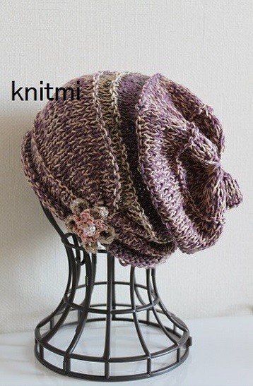 【ゆるっとコットン】しめつけない　★ニット帽子 紫　ナチュラル