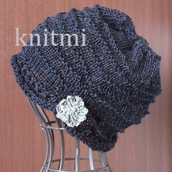 ゆるっと麻【北欧リネン100%】涼しいニット帽子　しめつけなし★麻 コサージュ 1枚目の画像