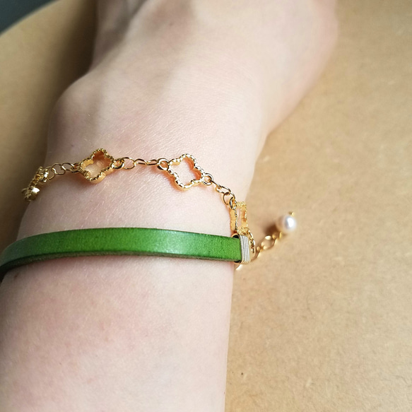 ◼コラボ作品◼Lucky Clover Chain×Forest Green Leather Bracelet◼　四ツ葉 2枚目の画像