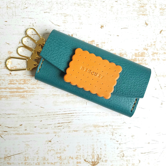 ◼Square Biscuit Leather Keycase◼　送料無料　イタリアンレザー使用 1枚目の画像