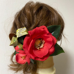 西陣織リボンと椿の髪飾り◆椿姫◆【造花】ウェディング・成人式などの着物に！ 2枚目の画像