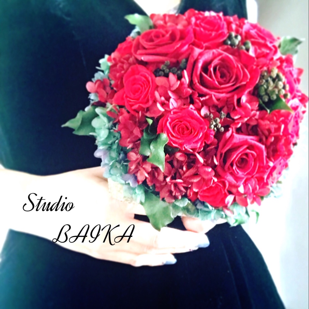 レッド・大人カラーウェディングブーケ❤︎ブートニア付❤︎【プリザーブドフラワー】