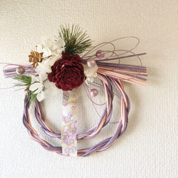 西陣織リボンのラタンしめ飾り・ピンク【プリザ＋ドライ＋造花】お正月に！ 3枚目の画像