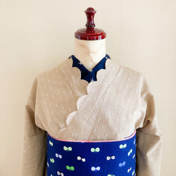 【受注生産】洗える綿ポリ着物　衿スカラップ　織りドット　”ミルクティーベージュ”　(Mサイズ) 10枚目の画像