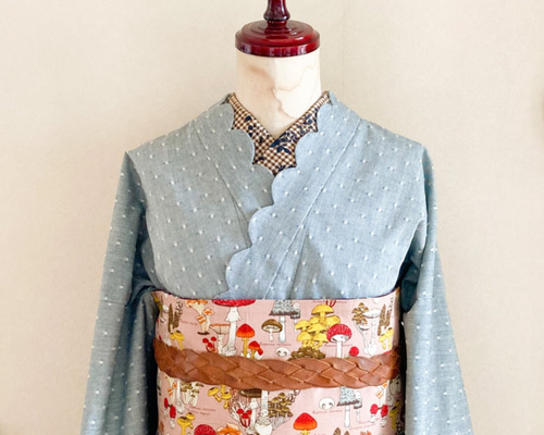 洗える綿ポリ着物 衿スカラップ 織りドット ”グリーン” (Mサイズ) 着物