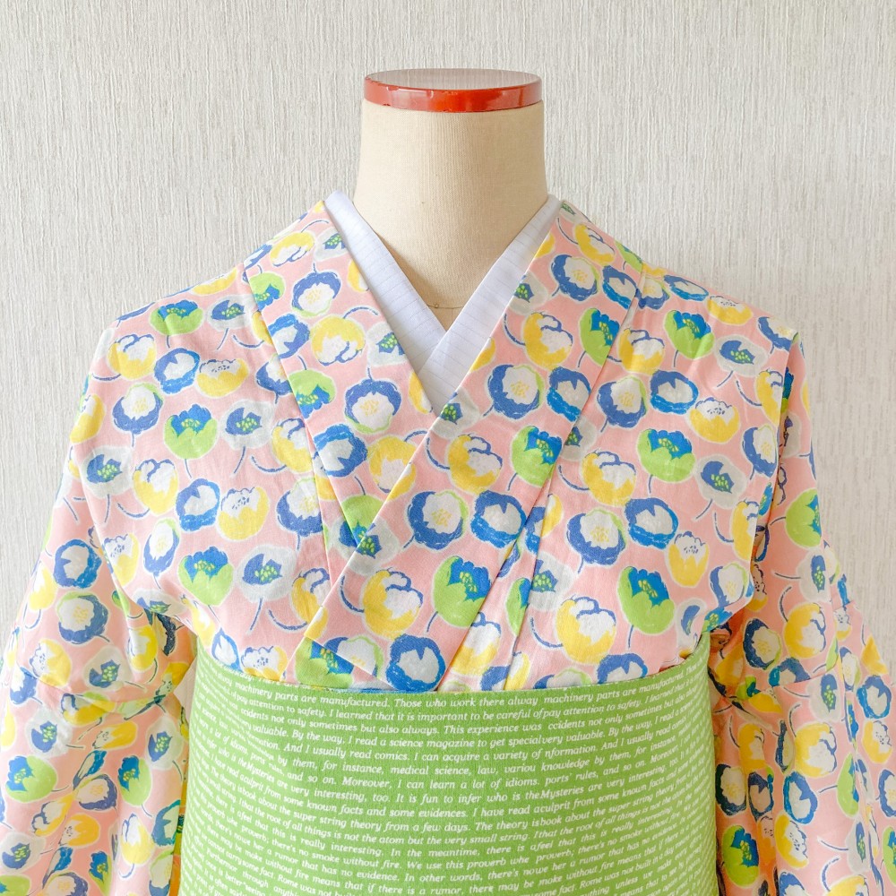 洗えるコットン着物　ペール・フラワー　"ピンク"　(Mサイズ)