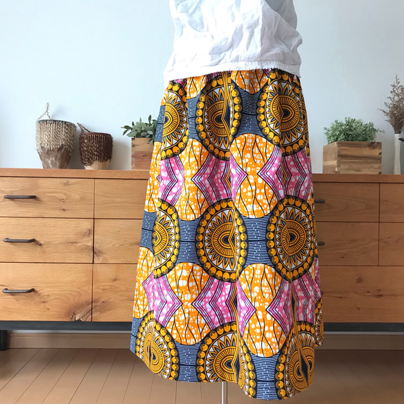 ＜Sweet African＞アフリカ生地のgather long skirt＜Pink×Orange Luxury＞ 4枚目の画像