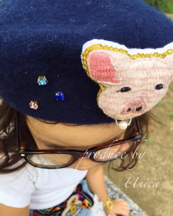 ブタちゃんこども用ベレー≪Beret［mini puguipugu／Kids／Navy］B-5043≫ 2枚目の画像