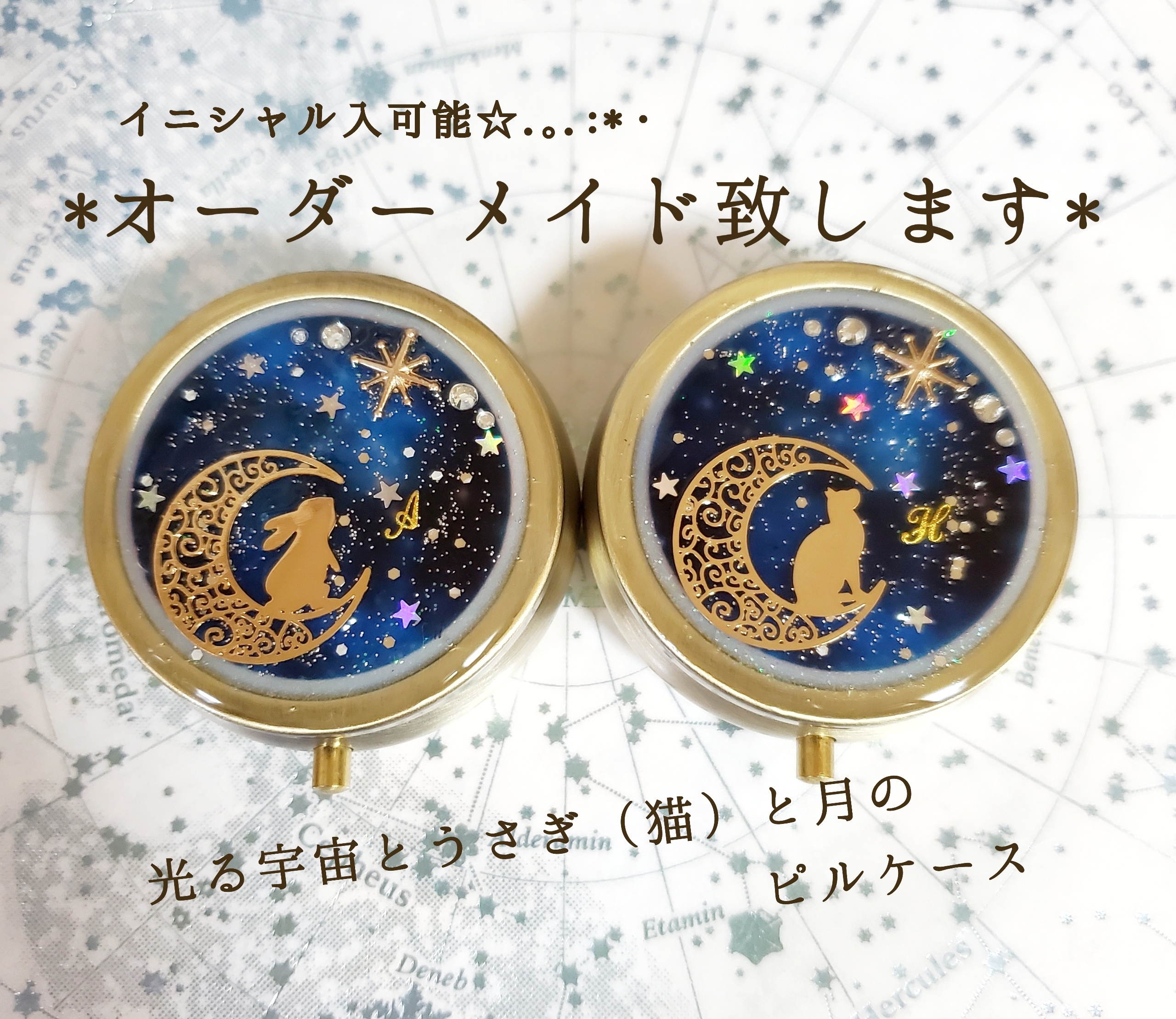 オーダーメイド。光る宇宙とうさぎ(猫)と月のピルケース☆イニシャル入