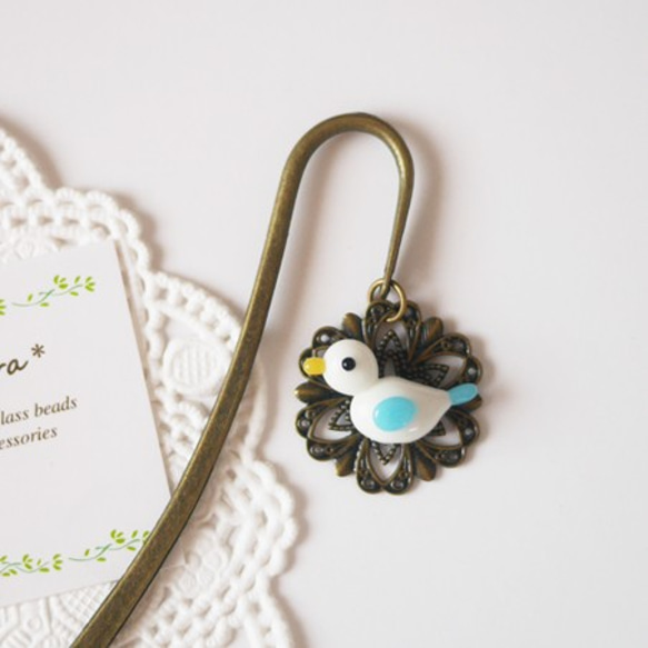 小鳥 の しおり（白＆水色）*ガラス細工* ブックマーカー しおり