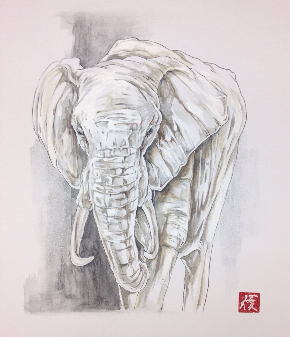母親ゾウ」（水墨画用紙32cm×41cm、墨） 絵画 ELIXIR OF