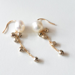 2way☆1珍珠和黃鐵礦耳環 第2張的照片