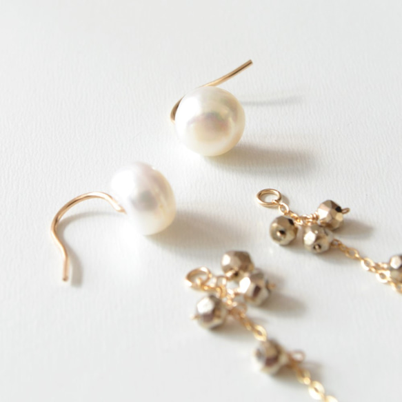 2way☆1珍珠和黃鐵礦耳環 第4張的照片
