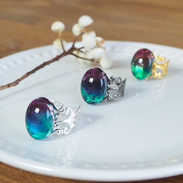 宝石レジン 秋の実り色 リング/指輪 フリーサイズ 選べる3色の台座 2枚目の画像
