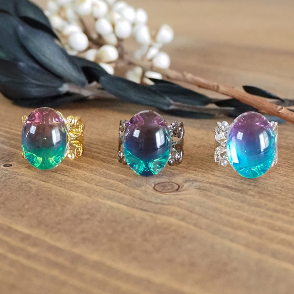 宝石レジン 秋の実り色 リング/指輪 フリーサイズ 選べる3色の台座 5枚目の画像