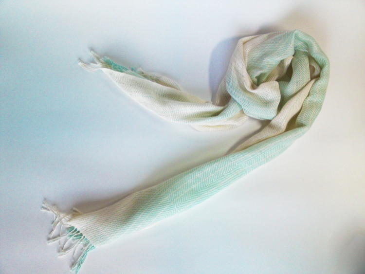 手織 コットンストール ミントグリーンx生成グラデーション 巾30cm