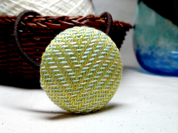手織り布 ヘアゴム 黄緑×白×ミントグリーン 1枚目の画像