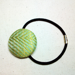 手織り布 ヘアゴム 黄緑×白×ミントグリーン 2枚目の画像