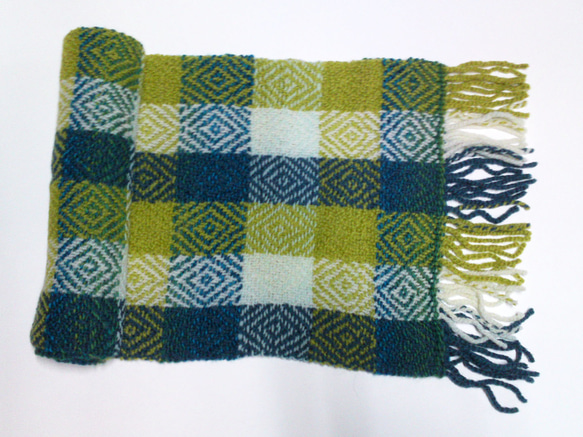 手織りマフラー　杉綾織　グリーンチェック 2枚目の画像