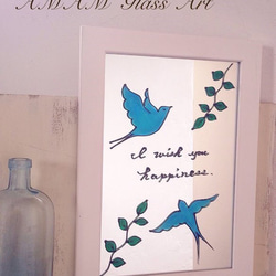 鏡　ミラー☆ホワイトフレーム☆グラスアート［幸せの青い鳥　Blue Bird］A4　 1枚目の画像