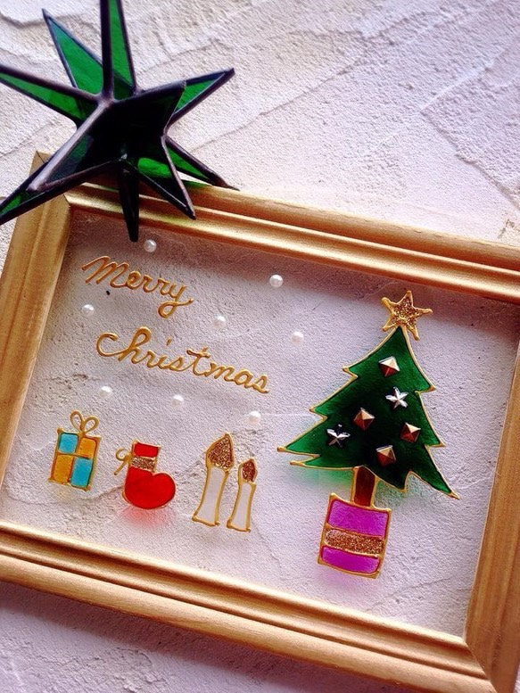 グラスアート ［クリスマスツリー］ゴールドフレーム2L 横