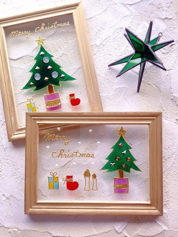 グラスアート ［クリスマスツリー］ゴールドフレーム２L 横 3枚目の画像