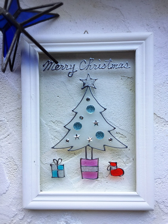 グラスアート ［ホワイト クリスマスツリー］フレーム２L 縦 1枚目の画像