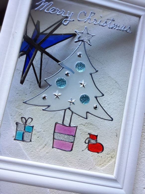グラスアート ［ホワイト クリスマスツリー］フレーム２L 縦 2枚目の画像