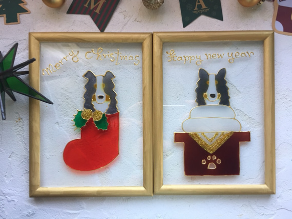 送料無料 グラスアートフレーム 戌年 鏡餅&クリスマスブーツ セット 受注製作 シェルティ コリー 1枚目の画像