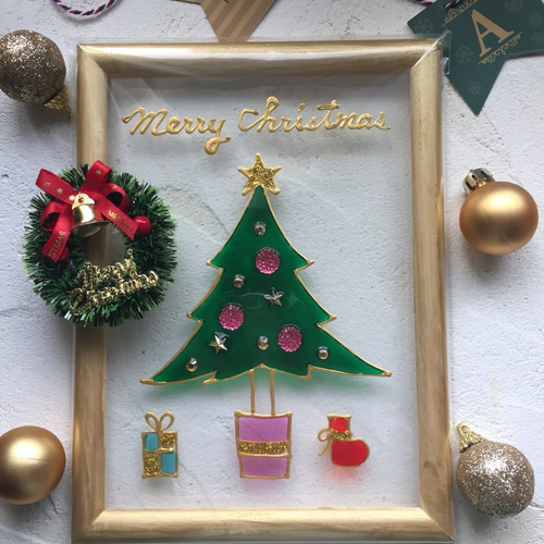 クリスマス］グラスアート クリスマスツリー 縦型 ピンク フォト