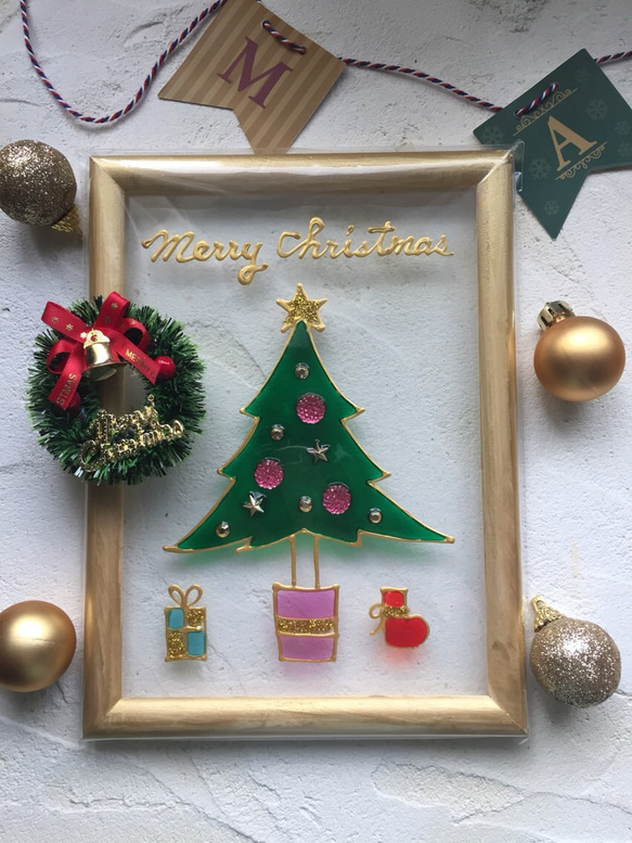 ［クリスマス］グラスアート クリスマスツリー 縦型 ピンク 1枚目の画像