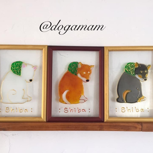 DOG.AM ガラスフレーム 唐草模様の風呂敷 旅立ち犬 柴犬 黒柴 フォト