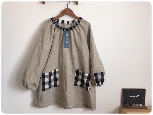 リネンとブロックチェックのスモック　  おとなフリーサイズ