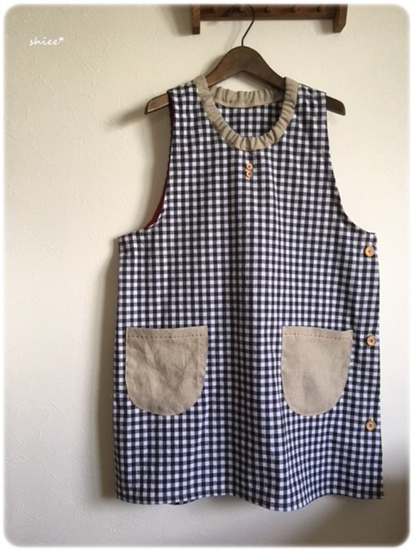 方格格子無袖圍裙 * 側面 3 個鈕扣 * 第5張的照片