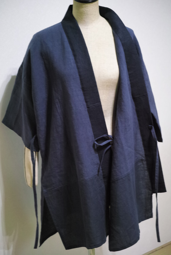 リネン製・着物風作務衣シャツ上着（ブルー） 3枚目の画像