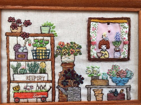 お庭の見える窓辺から②（刺繍絵） 2枚目の画像